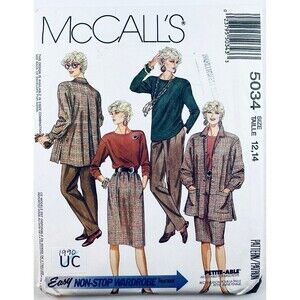 90s McCalls 5034 Jacket Top Elastic Waist Skirt Pants Pattern Sz 12-14 UNCUT.